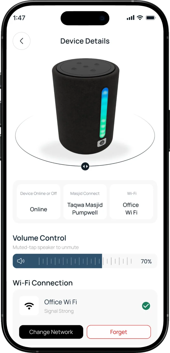 The Device Details screen: the Tahfa Box, its connected Masjid, a volume control and its Wi-Fi connection.