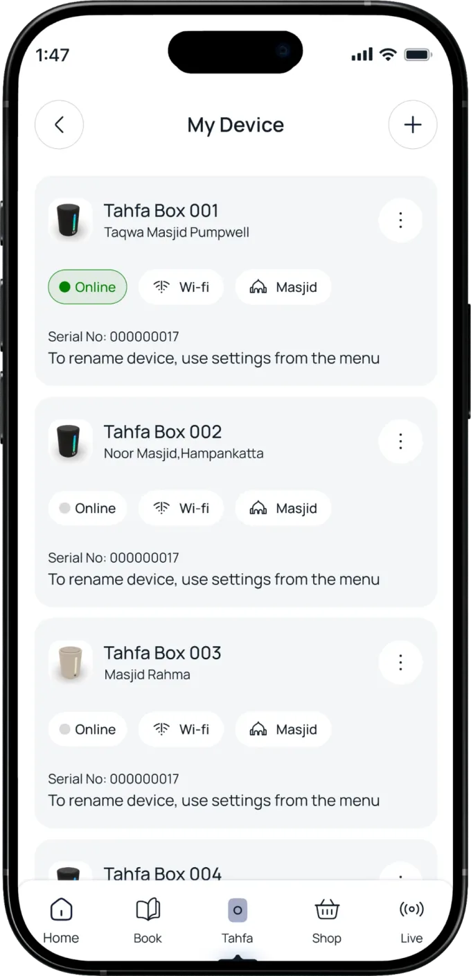 The My Device screen: a list of Tahfa Boxes, each showing whether it is online, its Wi-Fi and its Masjid.