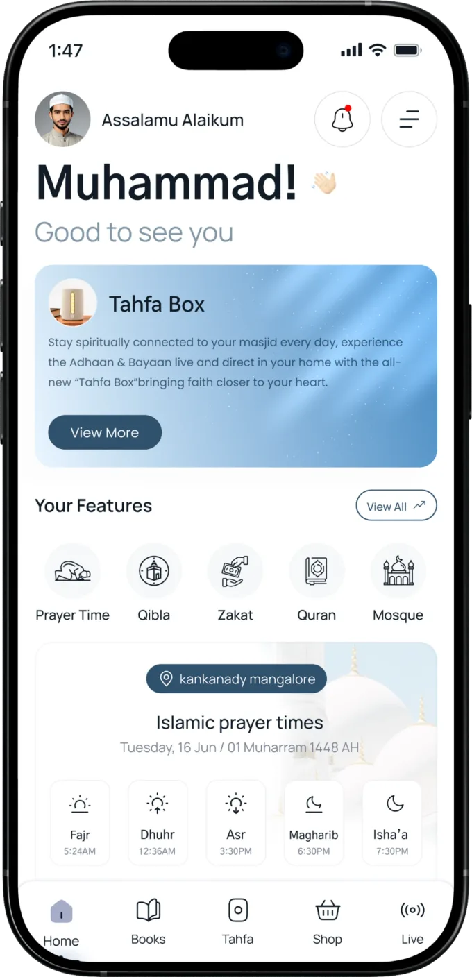 The Tahfa app’s Home screen: a greeting, a Tahfa Box card, shortcuts for Prayer Time, Qibla, Zakat, Quran and Mosque, and today’s prayer times.