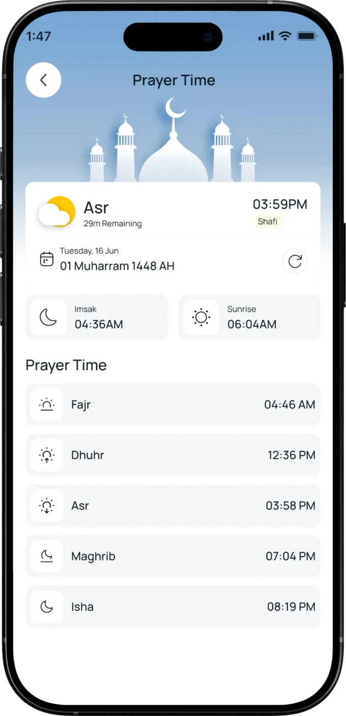The Prayer Time screen: the next prayer with its time remaining, the Hijri date, and the times for Fajr, Dhuhr, Asr, Maghrib and Isha.